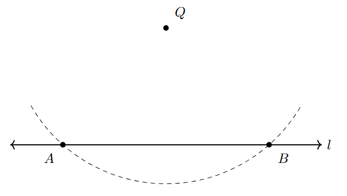Perpendicular from Point Off Line - Step 2 Drawing arc from Q intersecting the line